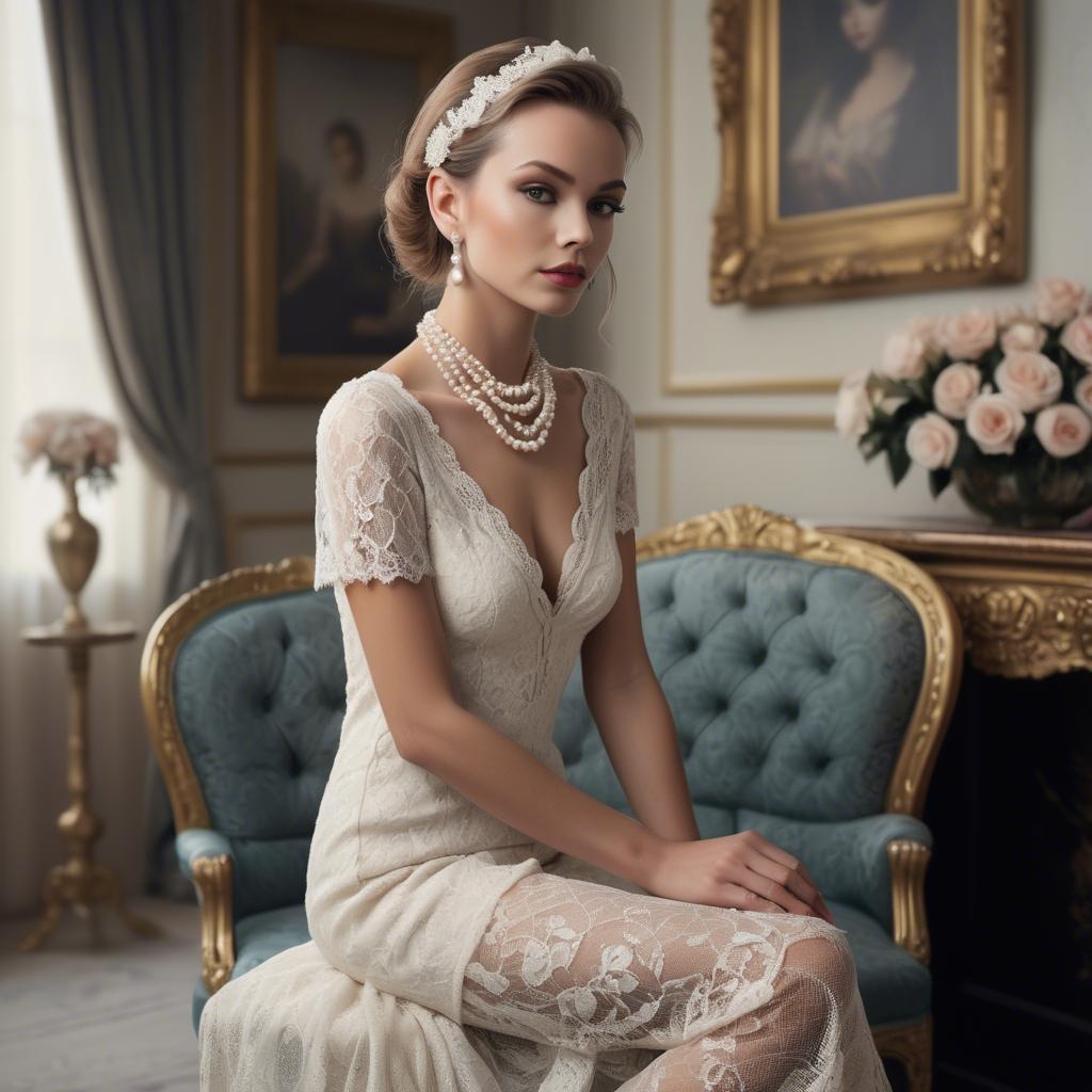 A stunning image of model in lace and pearls, luxurious setting.