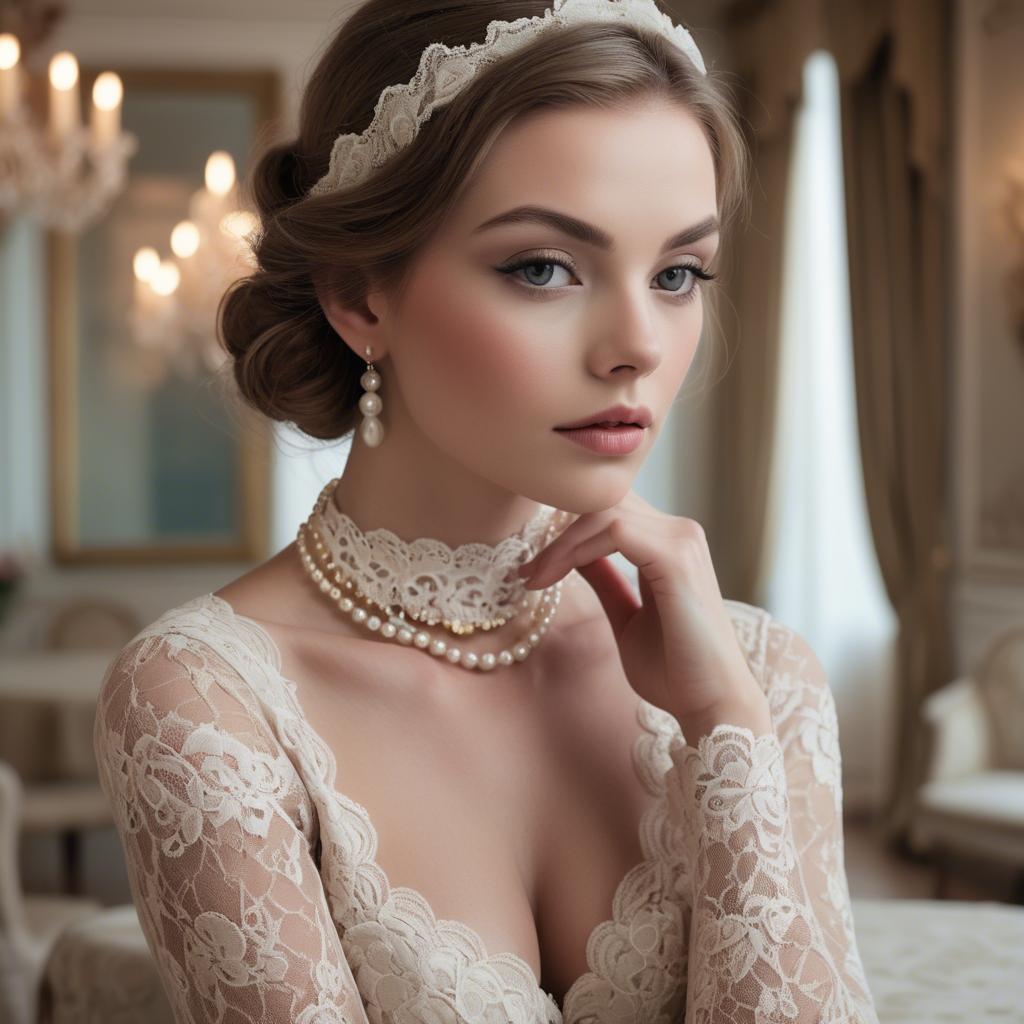 A stunning image of model in lace and pearls, luxurious setting.