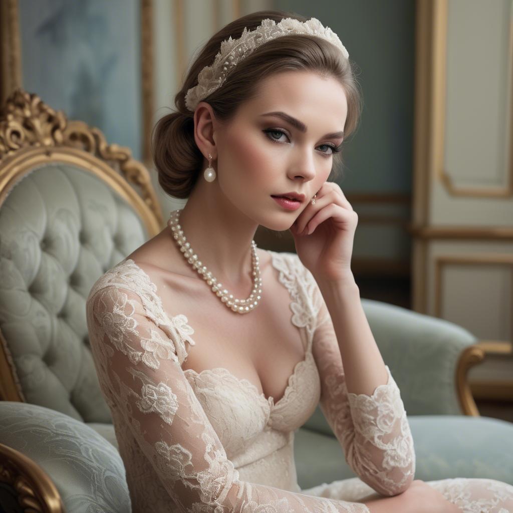 A stunning image of model in lace and pearls, luxurious setting.