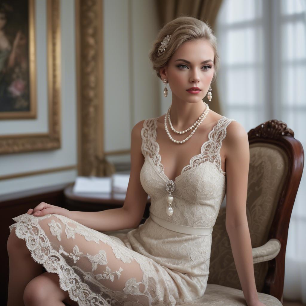 A stunning image of model in lace and pearls, luxurious setting.