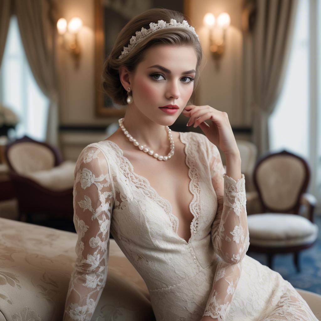 A stunning image of model in lace and pearls, luxurious setting.