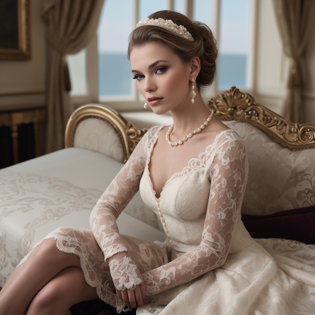 A stunning image of model in lace and pearls, luxurious setting.