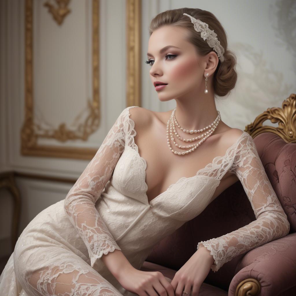 A stunning image of model in lace and pearls, luxurious setting.