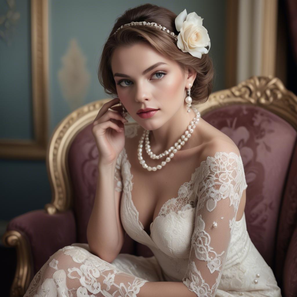 A stunning image of model in lace and pearls, luxurious setting.