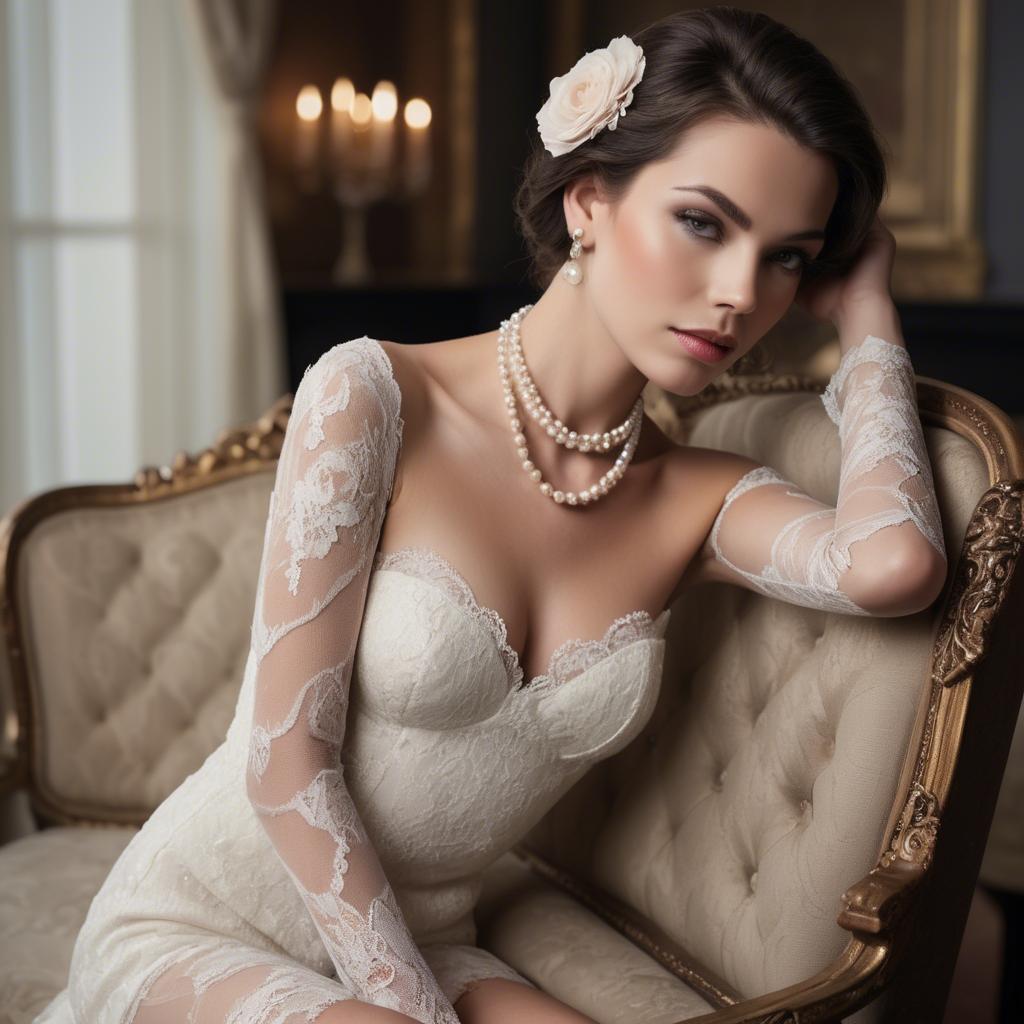 A stunning image of model in lace and pearls, luxurious setting.