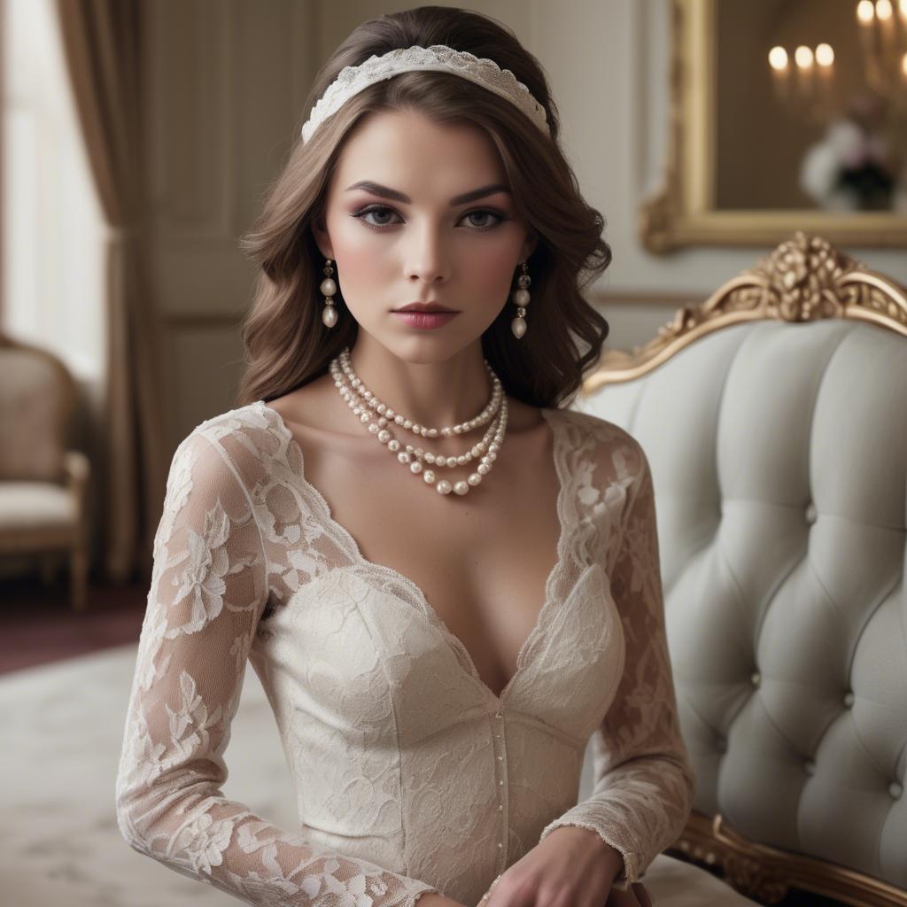 A stunning image of model in lace and pearls, luxurious setting.
