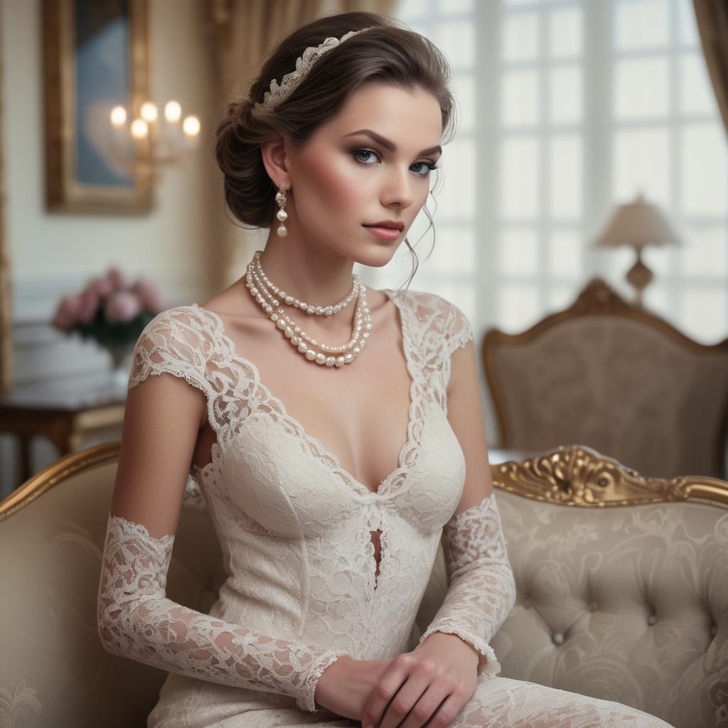 A stunning image of model in lace and pearls, luxurious setting.
