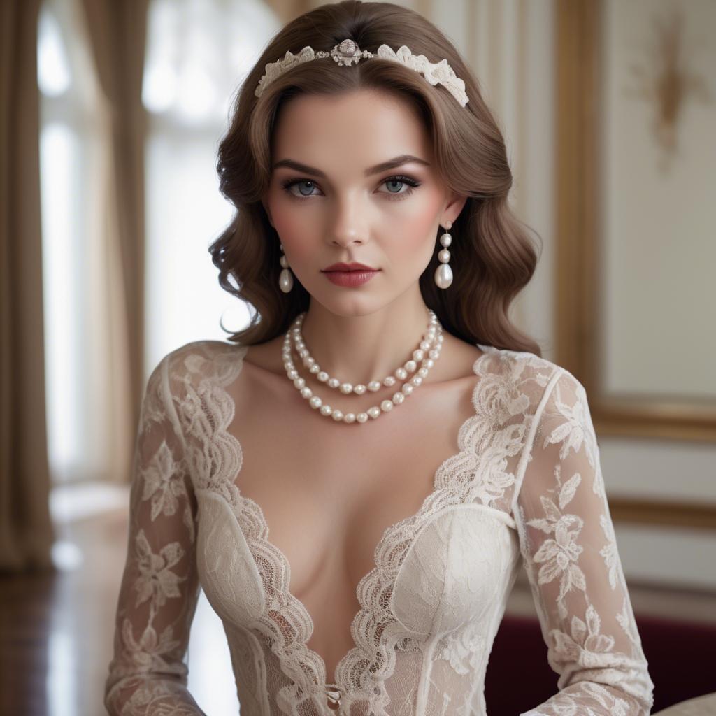 A stunning image of model in lace and pearls, luxurious setting.