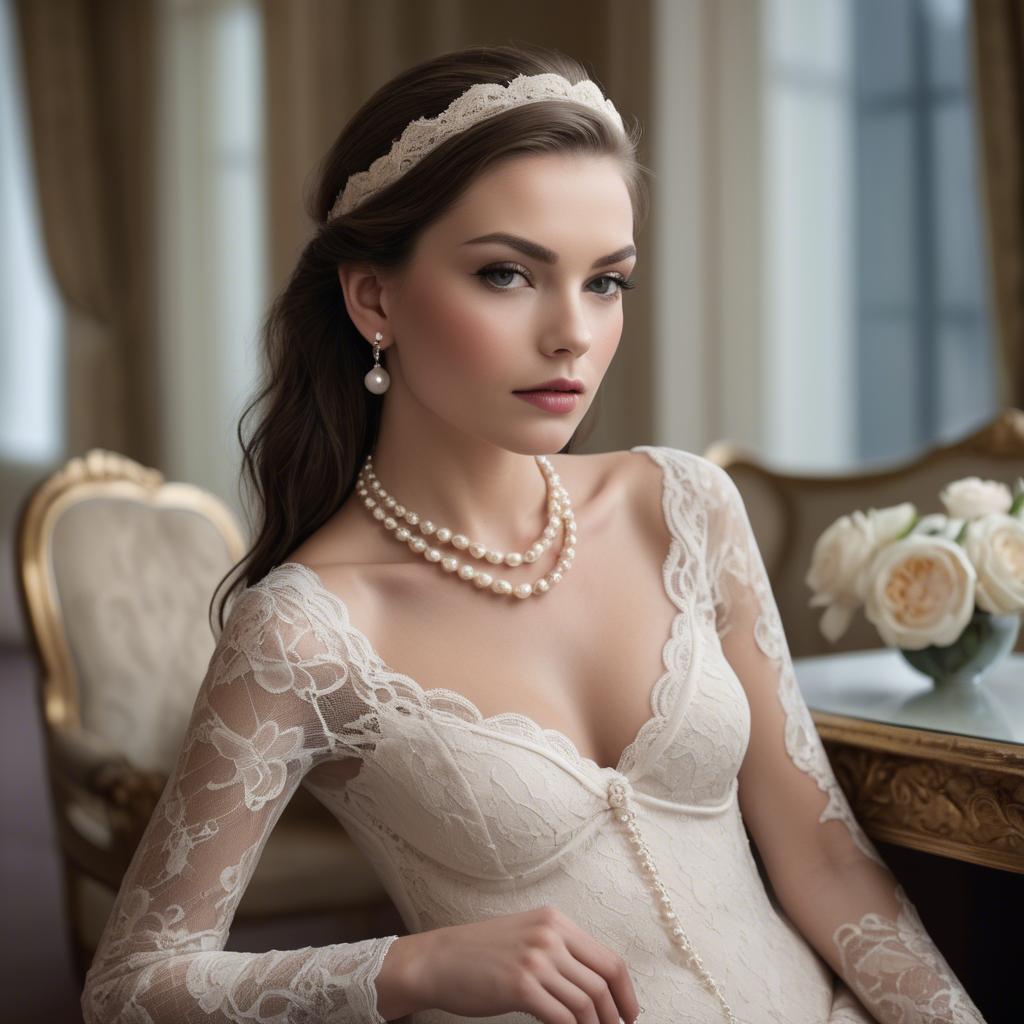A stunning image of model in lace and pearls, luxurious setting.