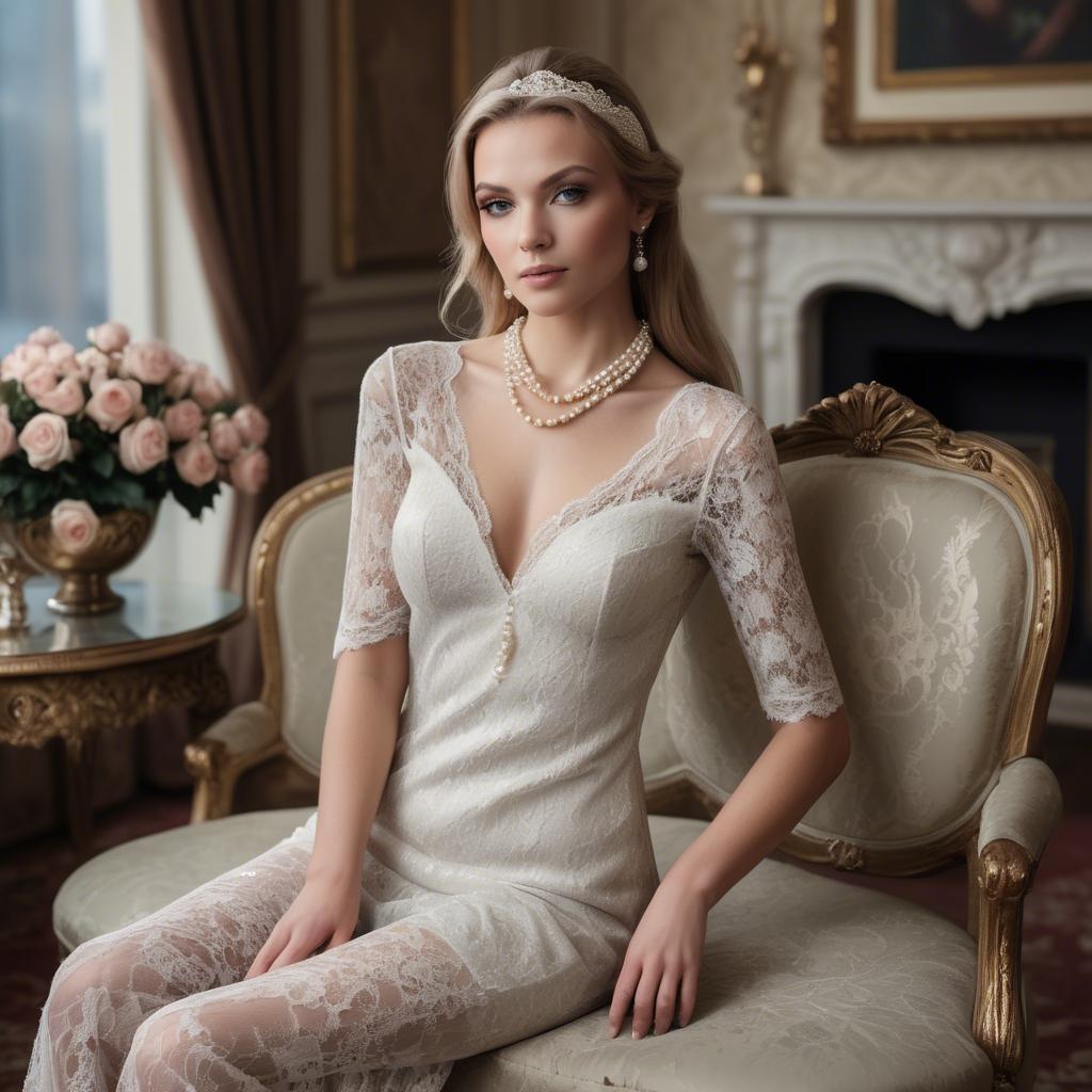 A stunning image of model in lace and pearls, luxurious setting.