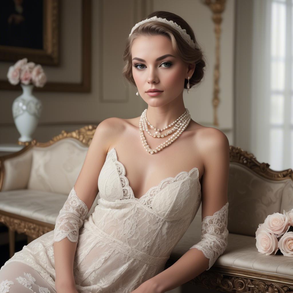 A stunning image of model in lace and pearls, luxurious setting.