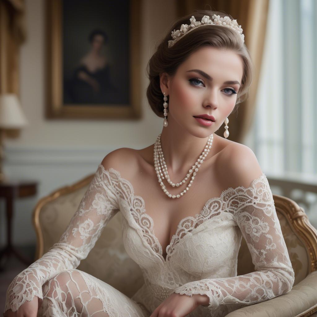 A stunning image of model in lace and pearls, luxurious setting.