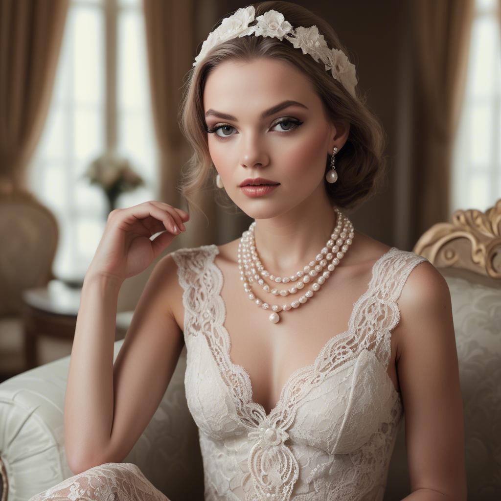 A stunning image of model in lace and pearls, luxurious setting.