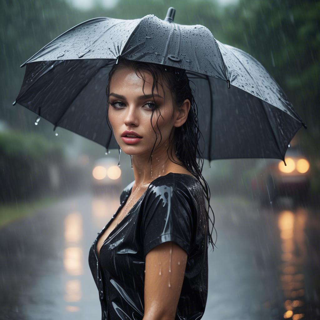 A stunning image of model posing in the rain, wet look, seductive.