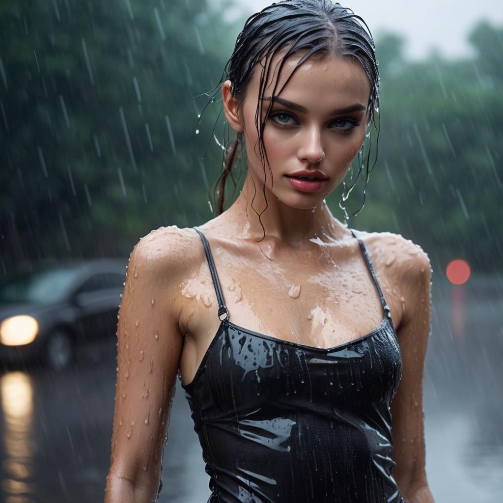 A stunning image of model posing in the rain, wet look, seductive.