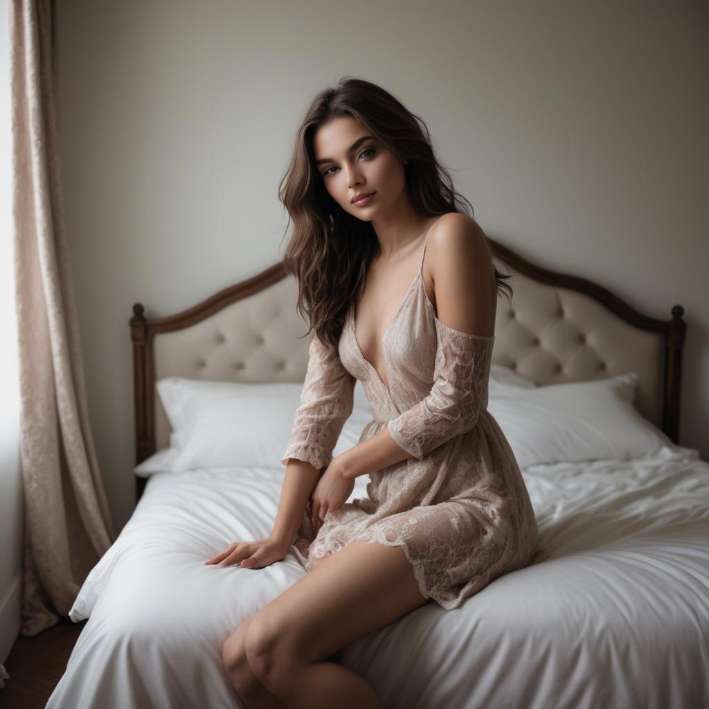 A stunning image of model posing on a bed, romantic and intimate.