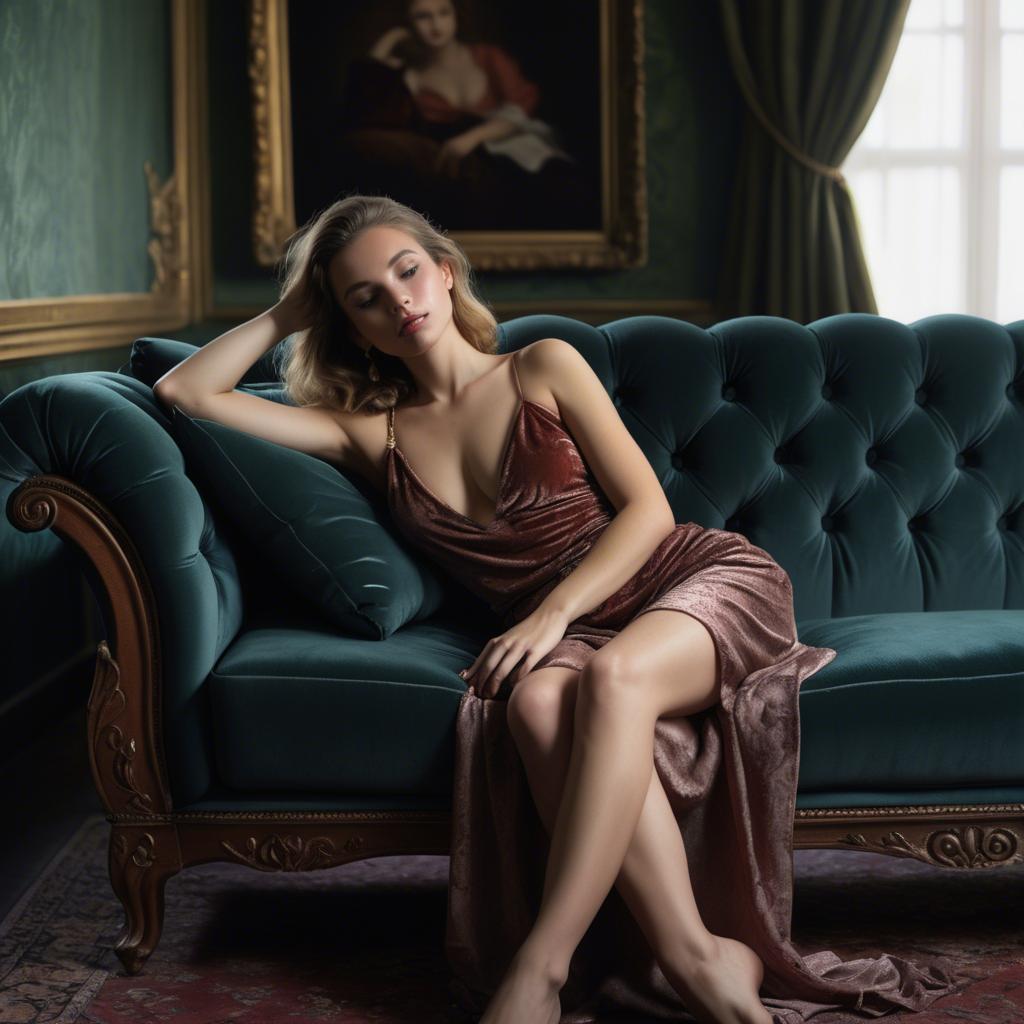 A stunning image of model reclining on a velvet sofa, sensual gaze.