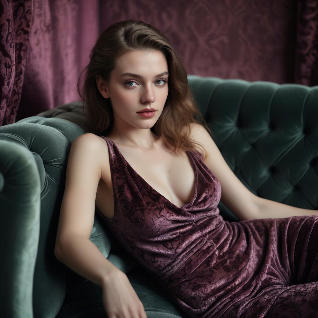 A stunning image of model reclining on a velvet sofa, sensual gaze.