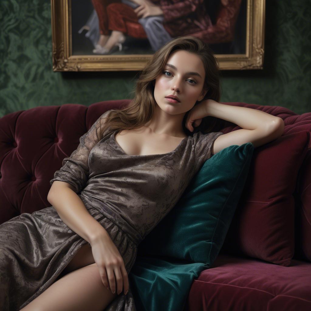 A stunning image of model reclining on a velvet sofa, sensual gaze.