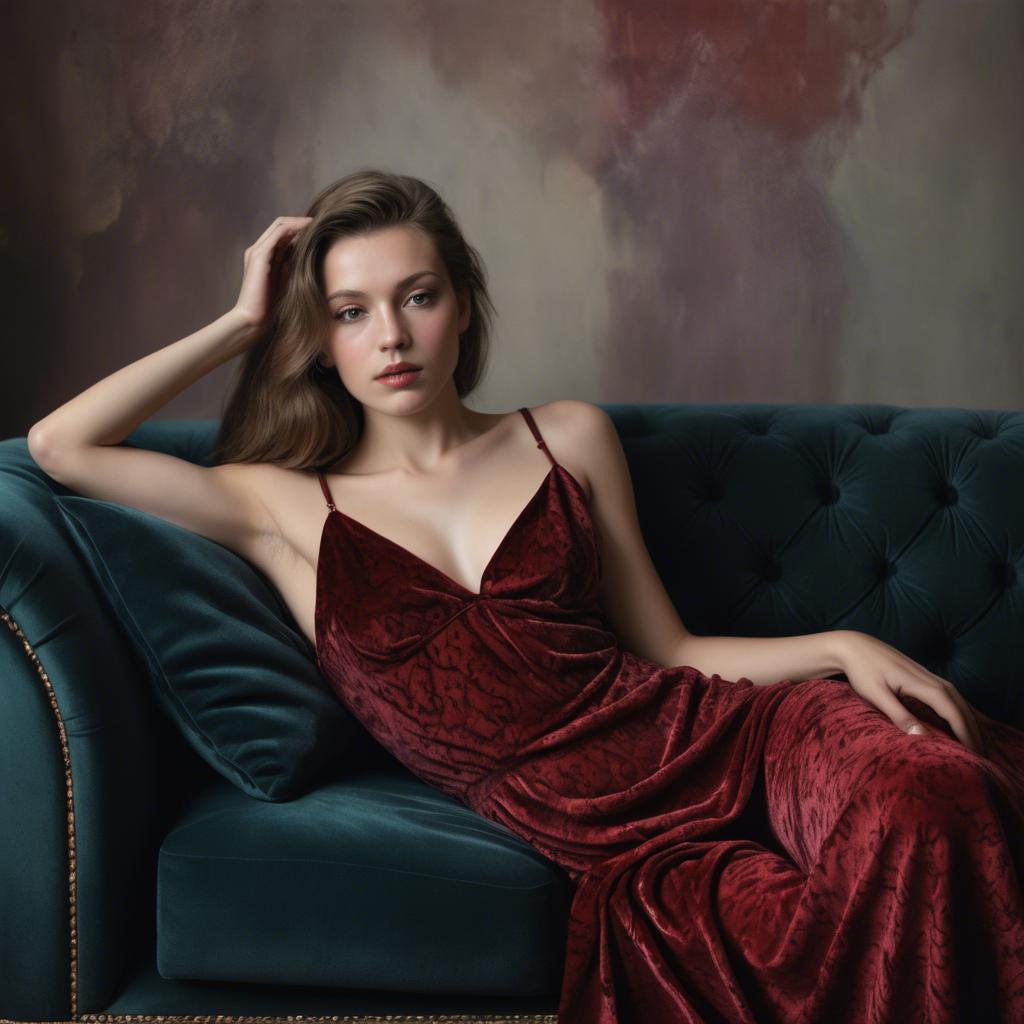 A stunning image of model reclining on a velvet sofa, sensual gaze.
