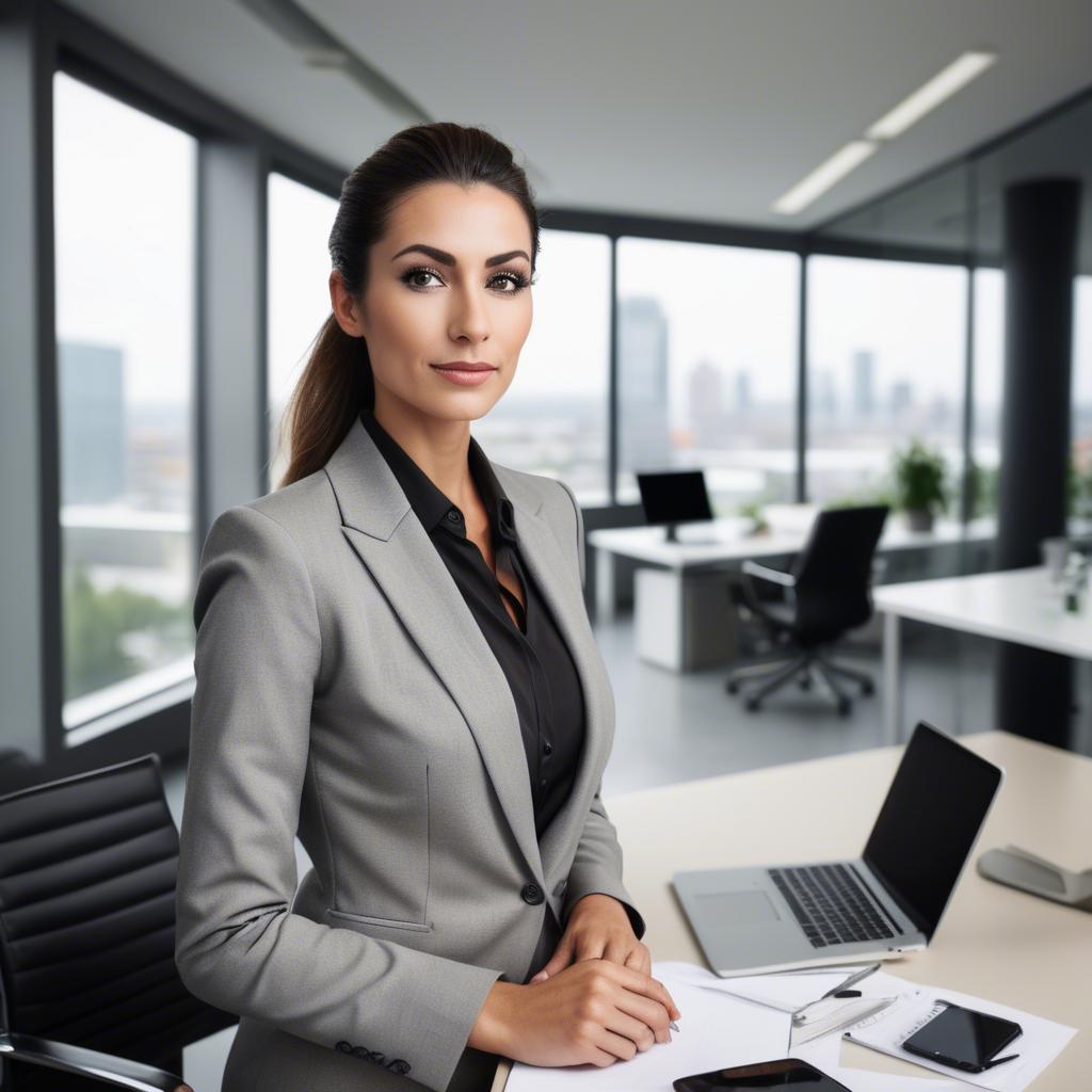 A stunning image of modern businesswoman with a sleek office view.