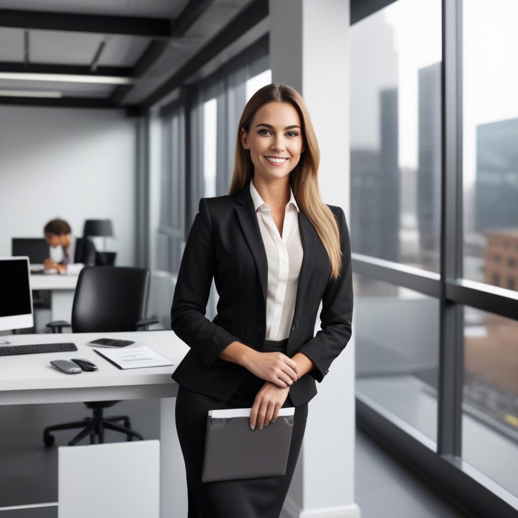 A stunning image of modern businesswoman with a sleek office view.
