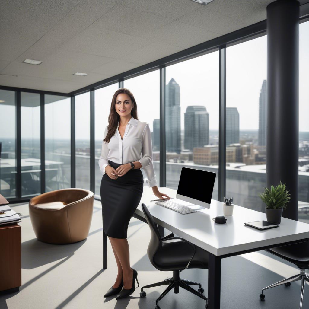 A stunning image of modern businesswoman with a sleek office view.