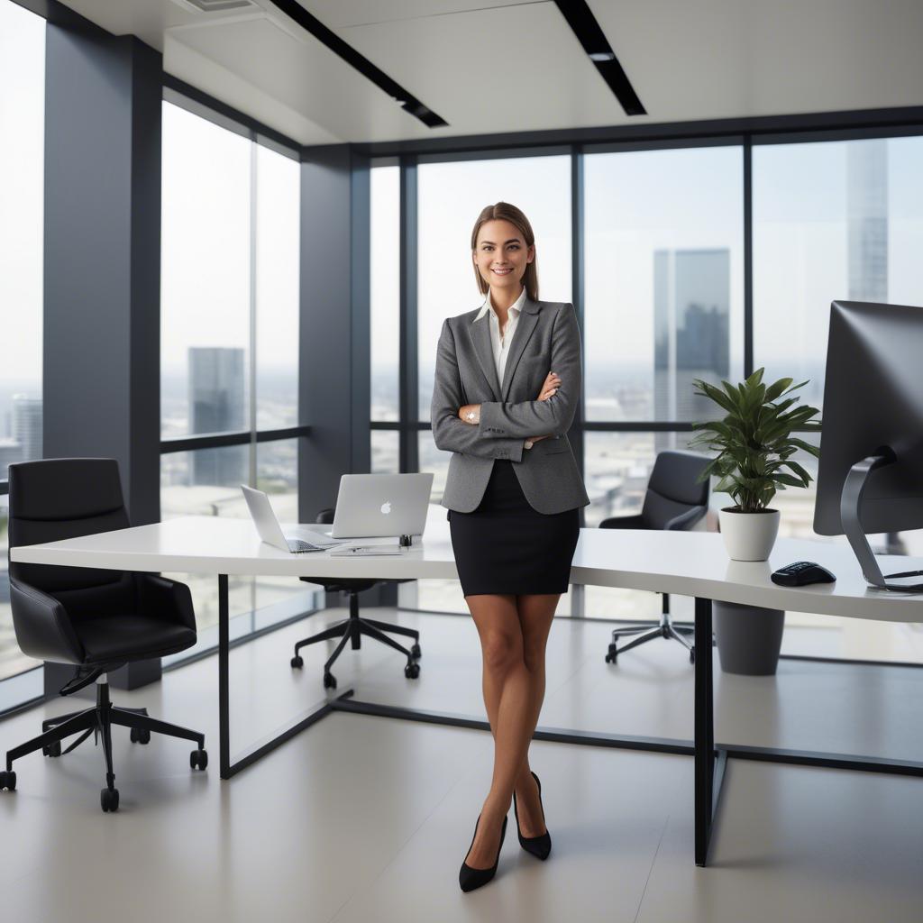 A stunning image of modern businesswoman with a sleek office view.