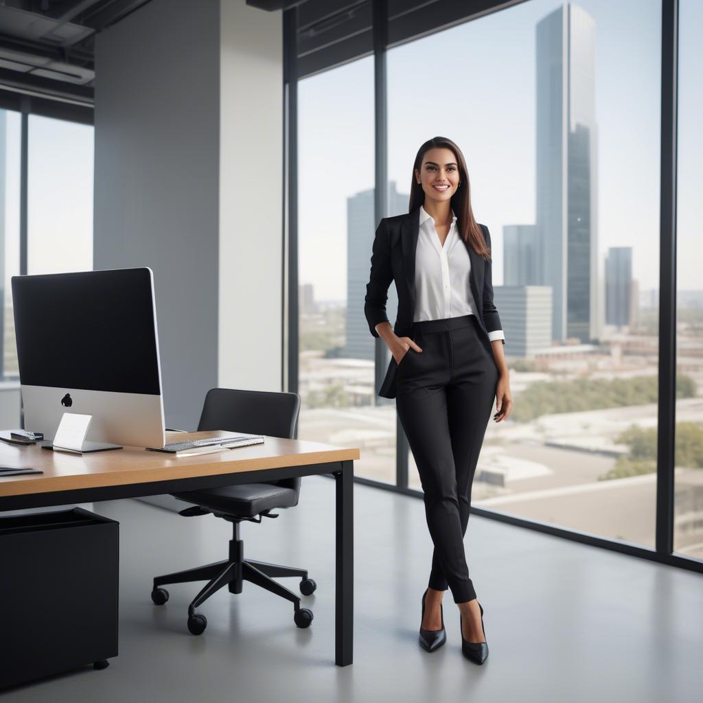 A stunning image of modern businesswoman with a sleek office view.