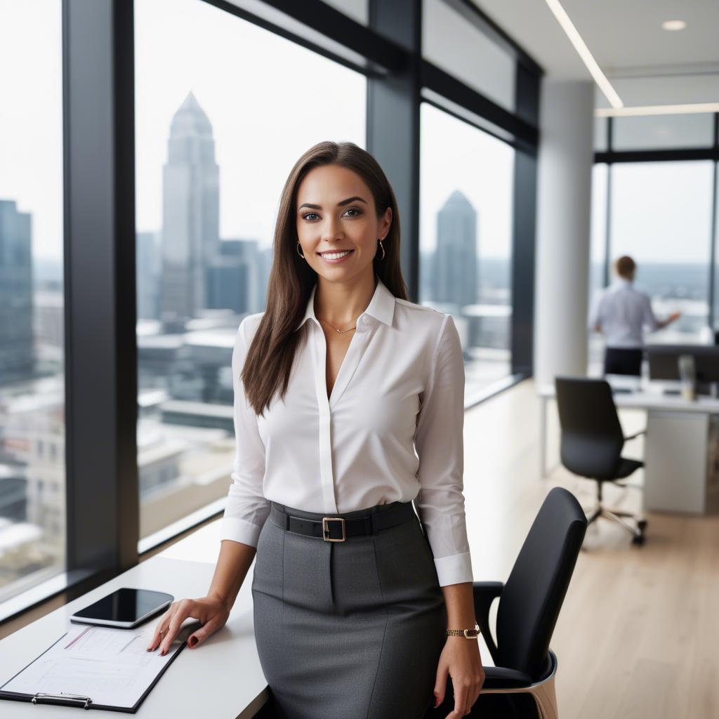 A stunning image of modern businesswoman with a sleek office view.