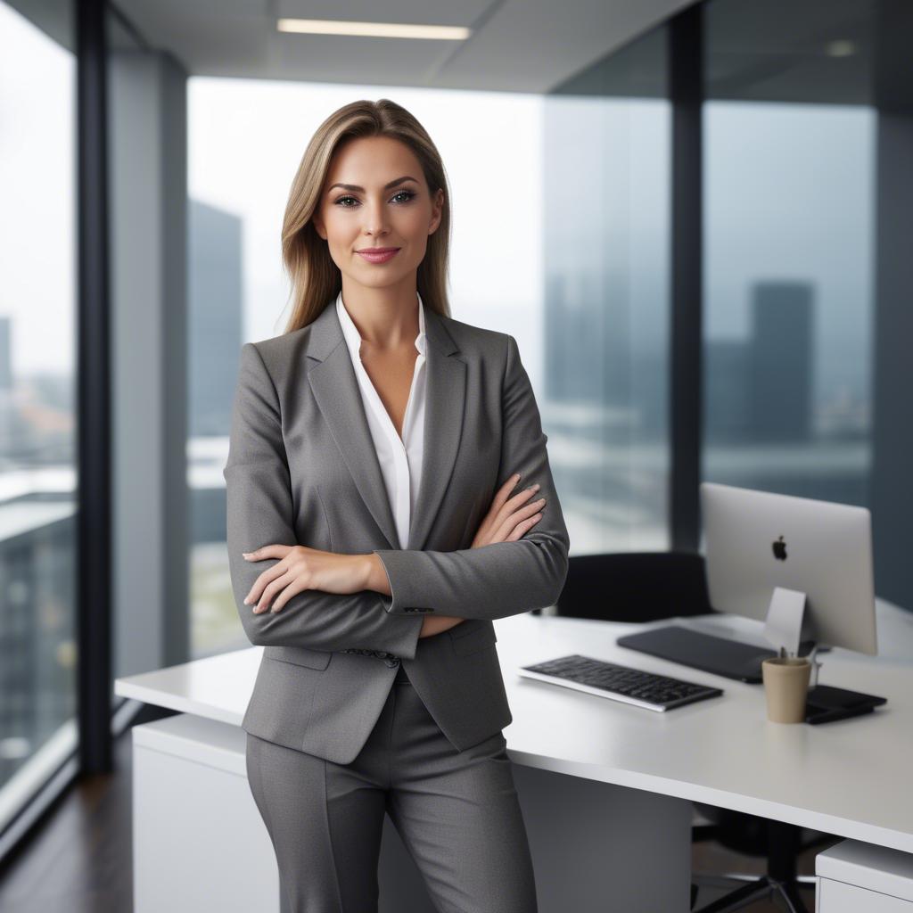 A stunning image of modern businesswoman with a sleek office view.