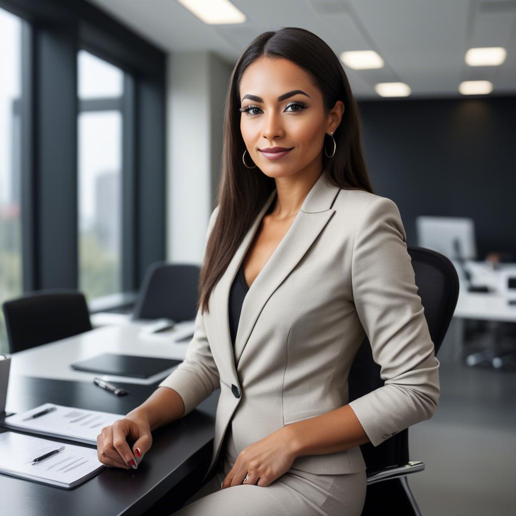 A stunning image of modern businesswoman with a sleek office view.