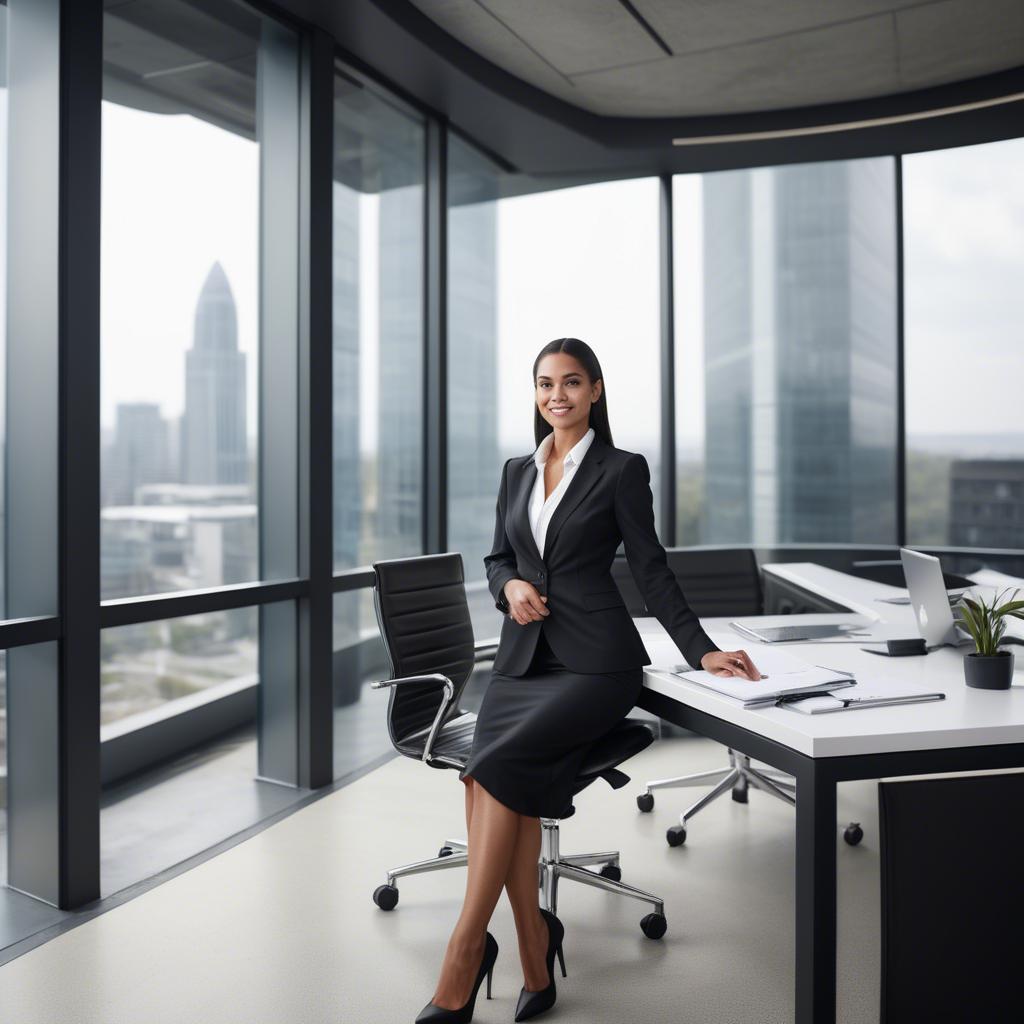 A stunning image of modern businesswoman with a sleek office view.