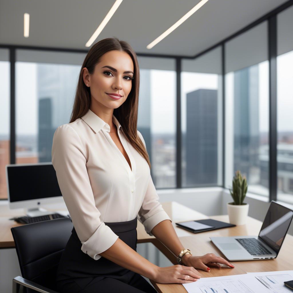 A stunning image of modern businesswoman with a sleek office view.
