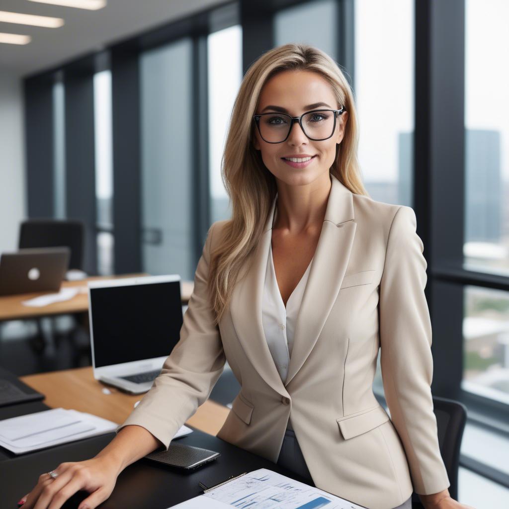 A stunning image of modern businesswoman with a sleek office view.