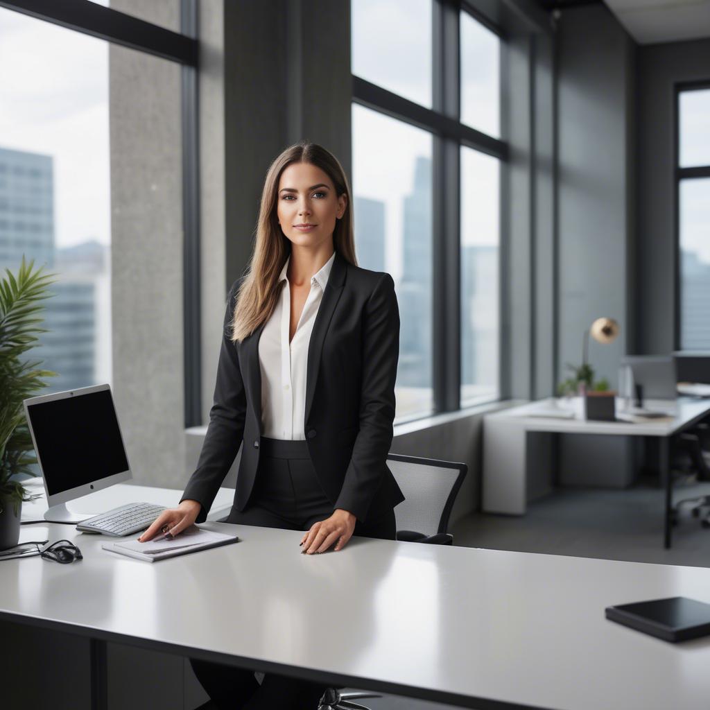 A stunning image of modern businesswoman with a sleek office view.