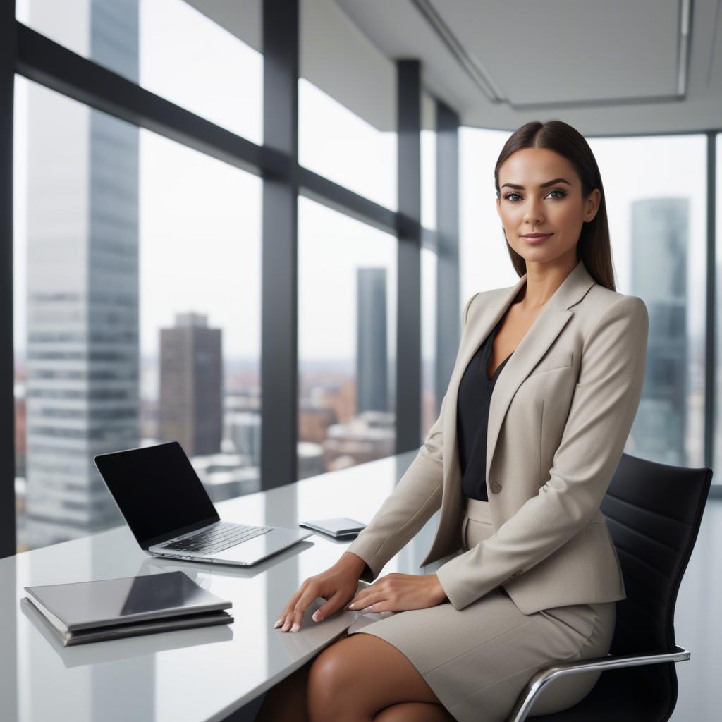 A stunning image of modern businesswoman with a sleek office view.