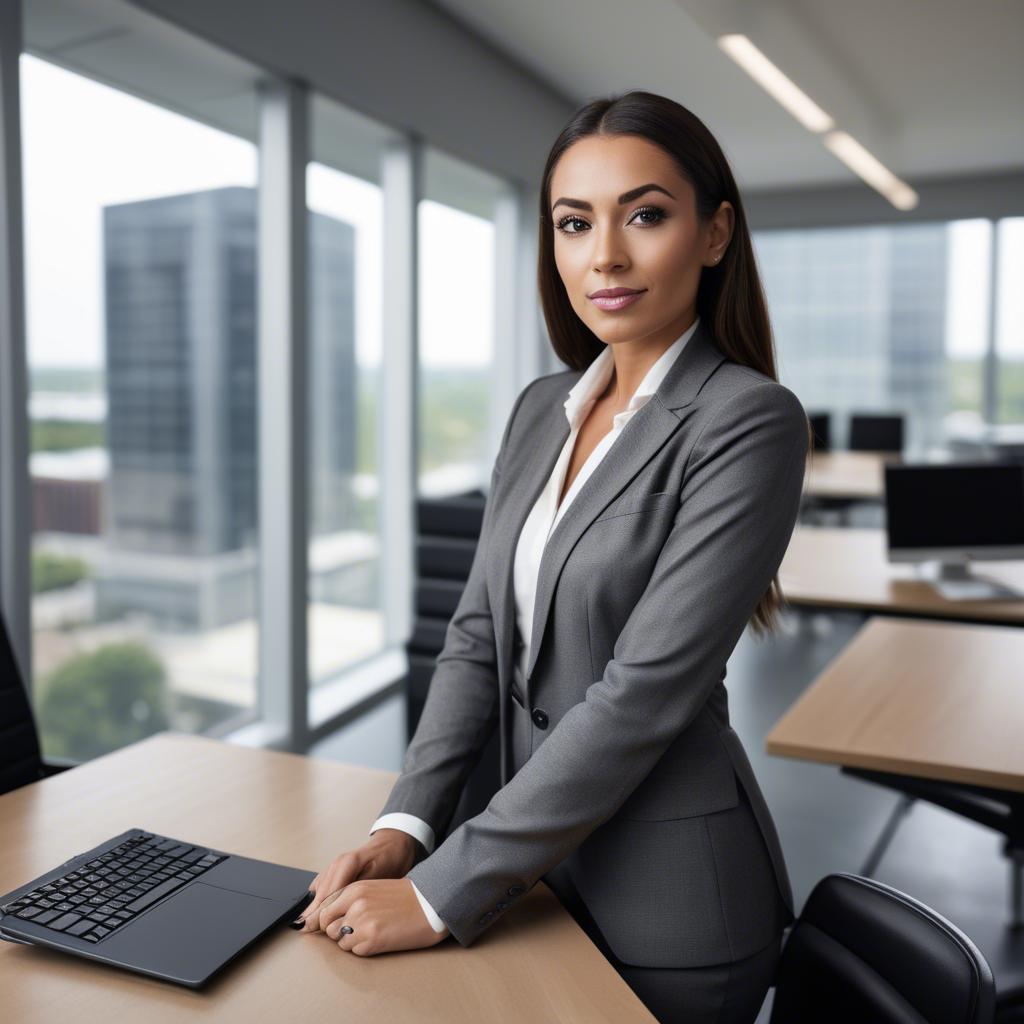 A stunning image of modern businesswoman with a sleek office view.