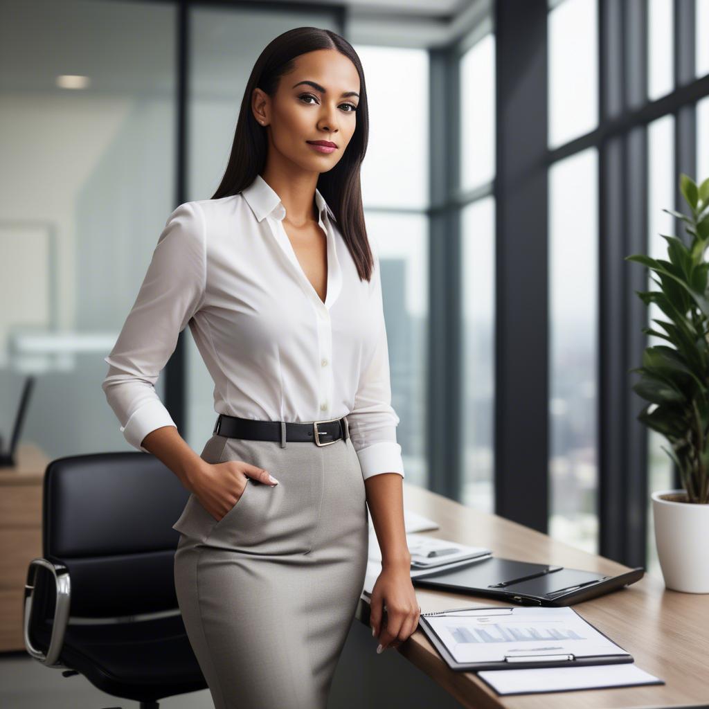 A stunning image of modern businesswoman with a sleek office view.