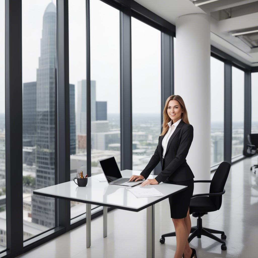 A stunning image of modern businesswoman with a sleek office view.