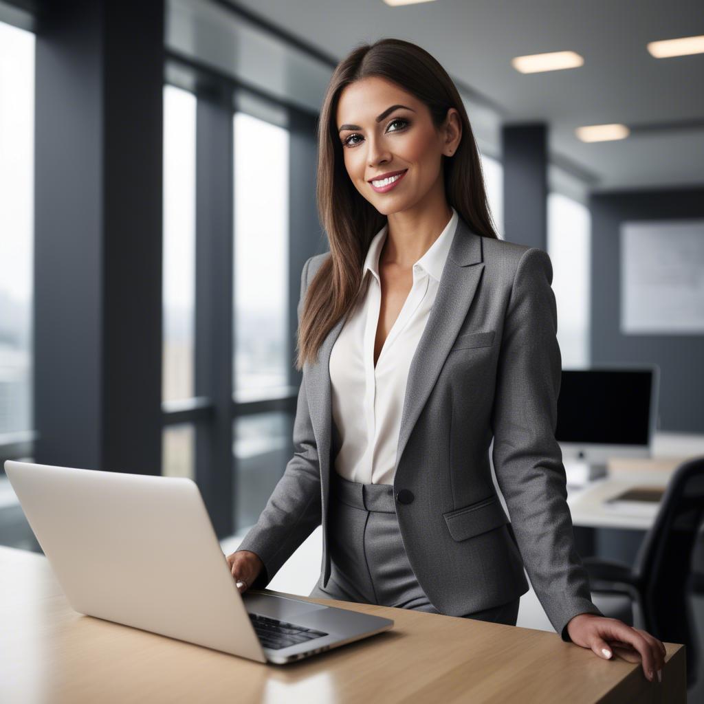 A stunning image of modern businesswoman with a sleek office view.