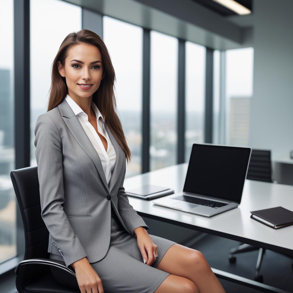 A stunning image of modern businesswoman with a sleek office view.