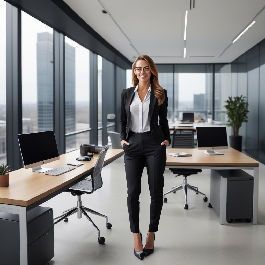 A stunning image of modern businesswoman with a sleek office view.