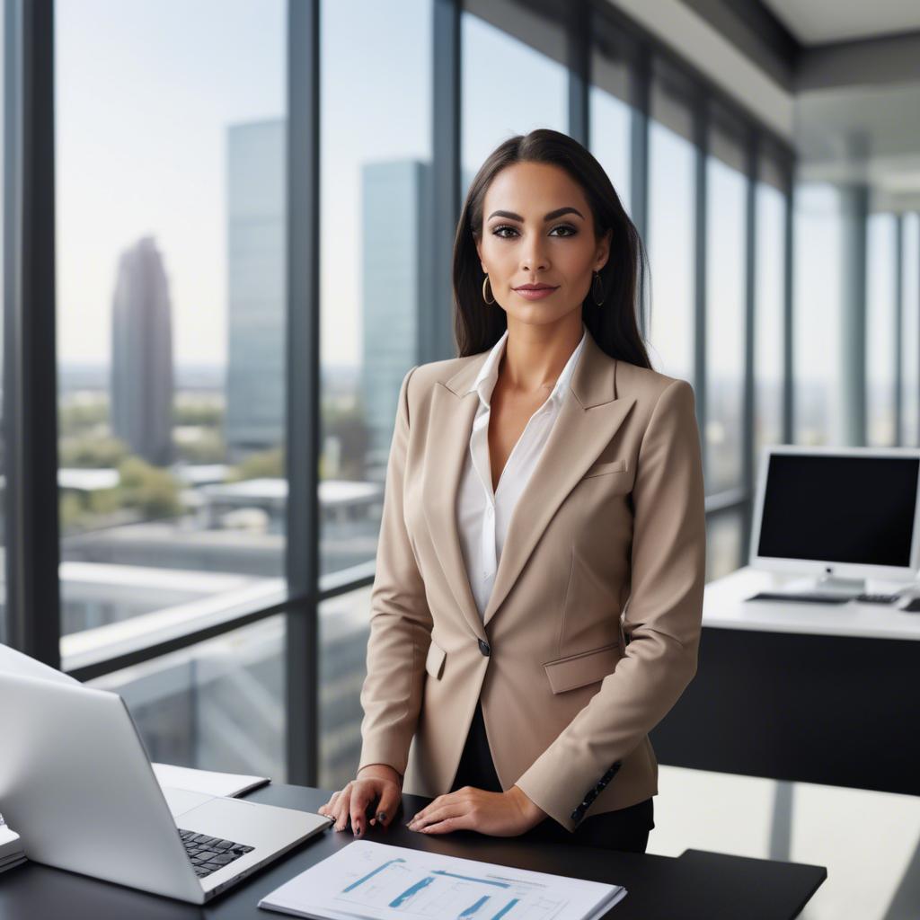A stunning image of modern businesswoman with a sleek office view.
