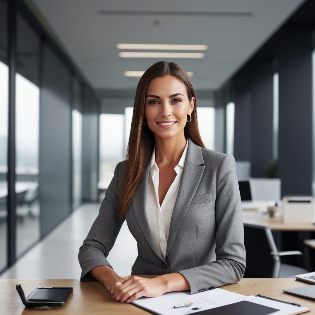 A stunning image of modern businesswoman with a sleek office view.