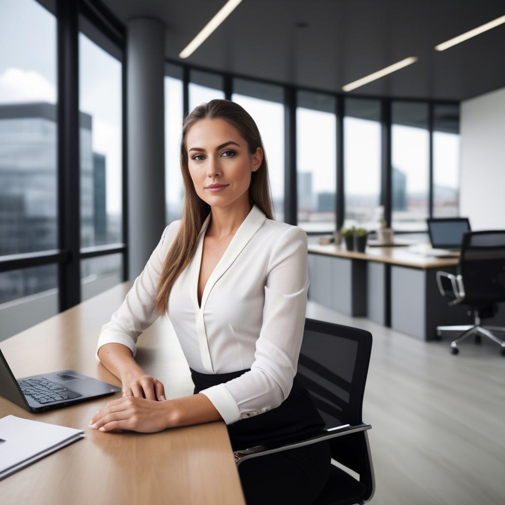 A stunning image of modern businesswoman with a sleek office view.