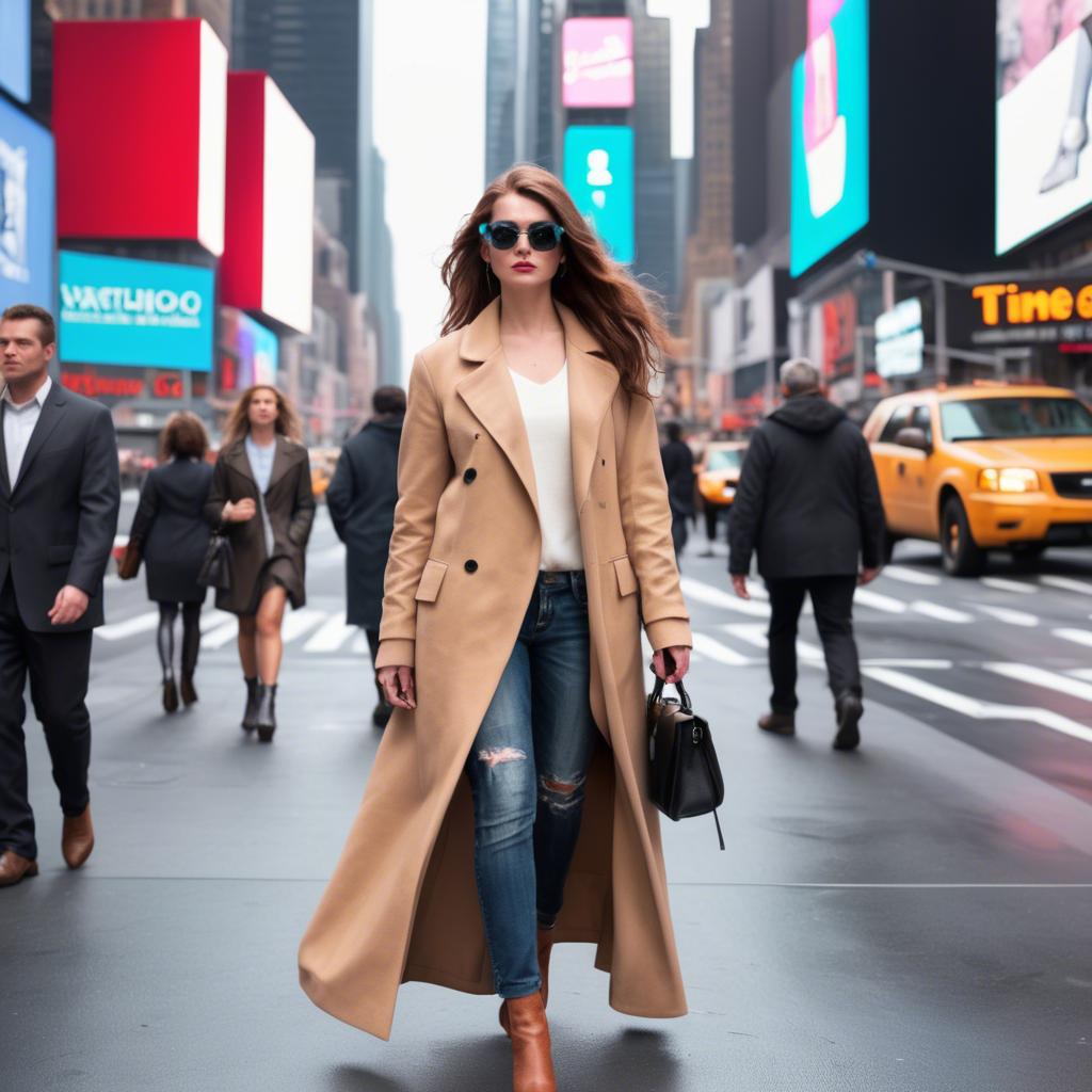 A stunning image of modern fashionista walking in times square.
