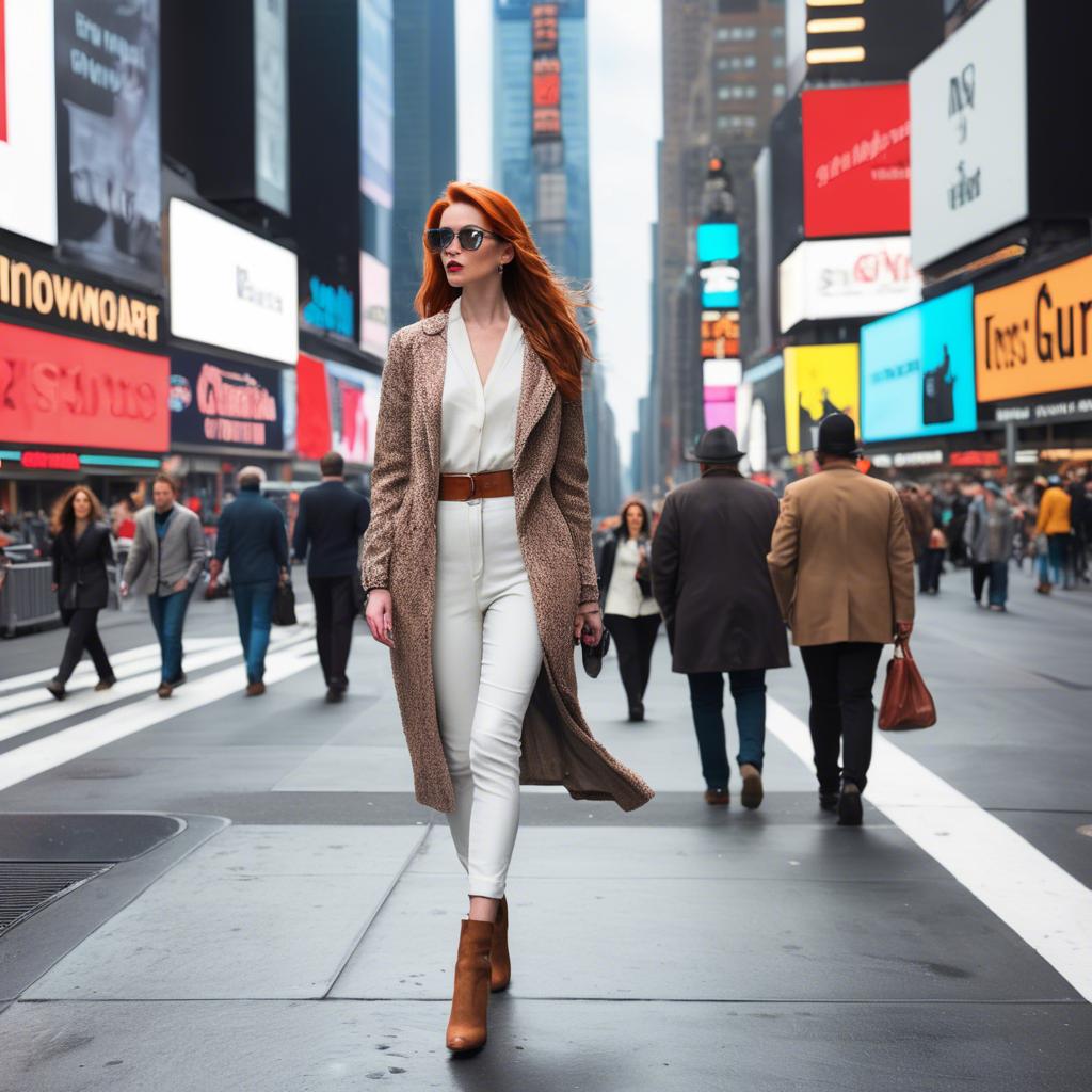 A stunning image of modern fashionista walking in times square.