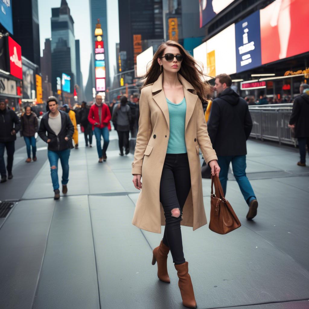A stunning image of modern fashionista walking in times square.