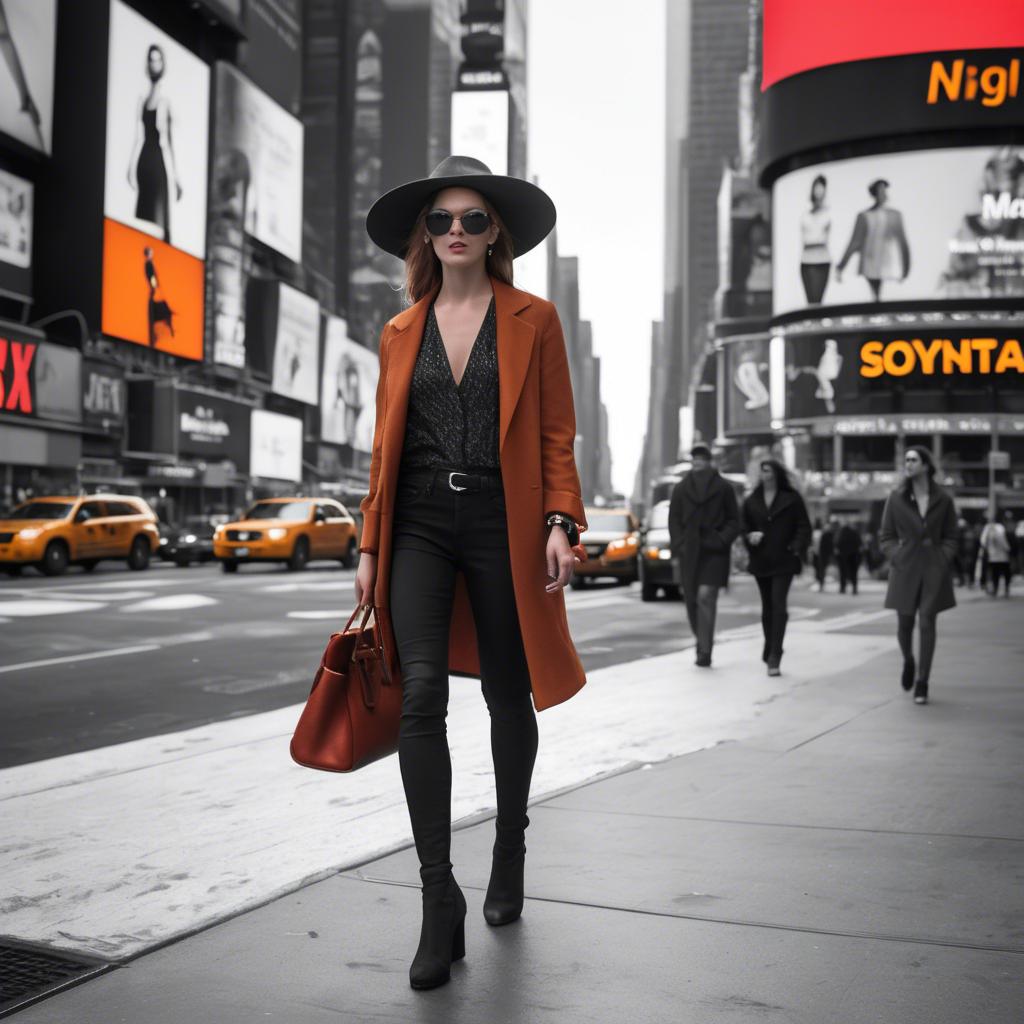 A stunning image of modern fashionista walking in times square.
